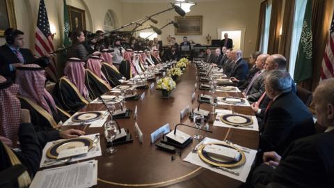 President Trump holds a working lunch with Prince Mohammed bin Salman of Saudi Arabia at the White House on 20 March