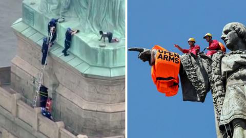 Composite of Statue of Liberty and Christopher Columbus protests