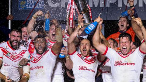 St Helens lift the Super League Grand Final trophy