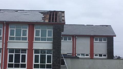 Broken roof in Ysgol Ardudwy Harlech in Gwynedd