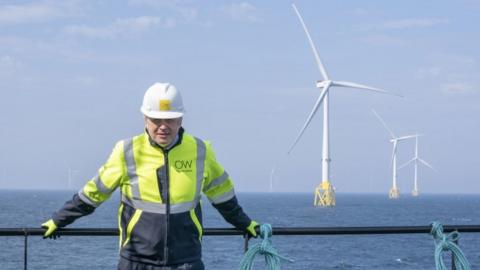 Boris Johnson onboard the Esvagt Alba during a visit to the Moray Offshore Windfarm East