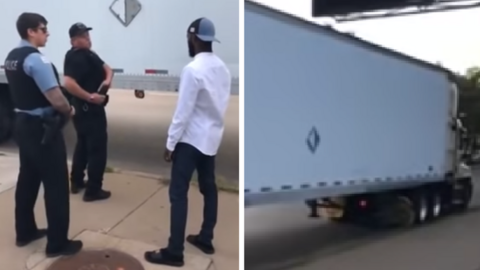 Screengrabs from a video uploaded to YouTube showing residents confronting police about the unmarked truck
