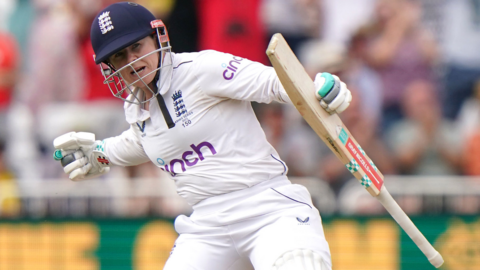 Tammy Beaumont celebrates her Ashes double-hundred for England against Australia at Trent Bridge