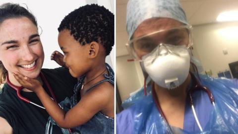 Eli Wyatt with a young patient in Namibia and in PPE during the pandemic