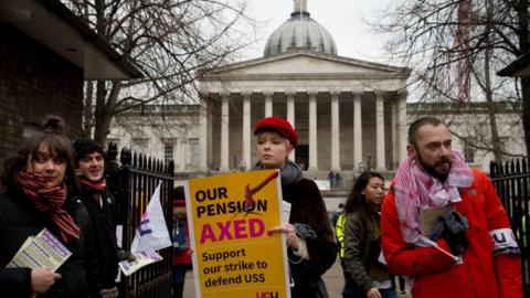 University staff in the picket line outside UCL in February 2018