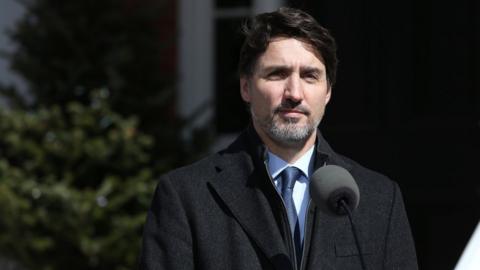 Prime Minister Justin Trudeau speaks during a news conference from his residence on March 16