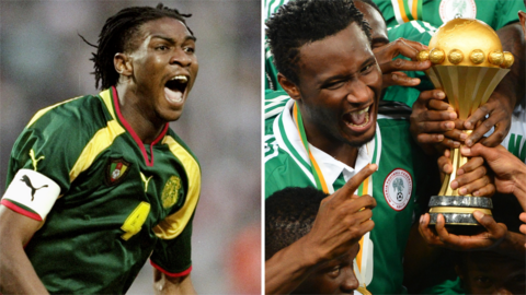Rigobert Song in action for Cameroon and John Obi Mikel with the Africa Cup of Nations trophy