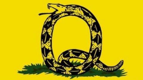 Picture of a snake in the shape of a letter Q and the slogan "where we go one we go all"