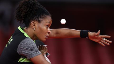 Nigerian table tennis player Funke Oshonaike competing at the Tokyo Olympics