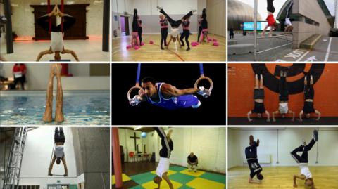 Graphic with 9 pictures of different ways to do a handstand.
