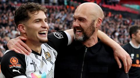 Notts County midfielder Ruben Rodrigues celebrates with boss Luke Williams after they won the National League promotion final