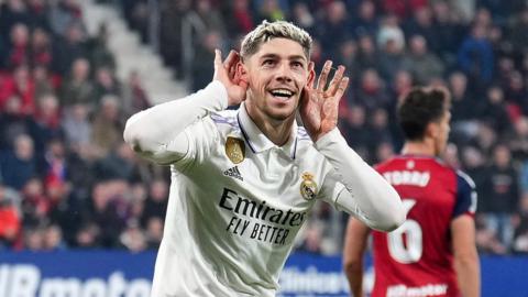 Real Madrid's Federico Valverde celebrates his opening goal against Osasuna