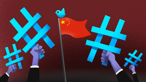 Cartoon showing a Twitter logo on top of the Chinese flag