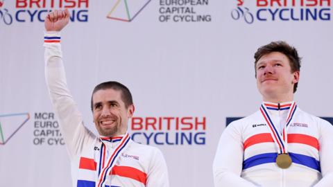 Neil Fachie and Matt Rotherham celebrate their Para-cycling Track World Championships gold