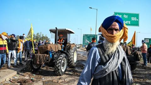Demonstrators during a protest by farmers near the Haryana-Punjab state border in Rajpura, Punjab, India, on 21 February