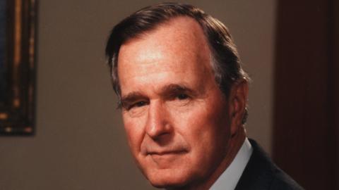 A portrait of American politician George Herbert Walker Bush, the 41st President of the United States, in the Oval Office, Washington, D.C., 1991.