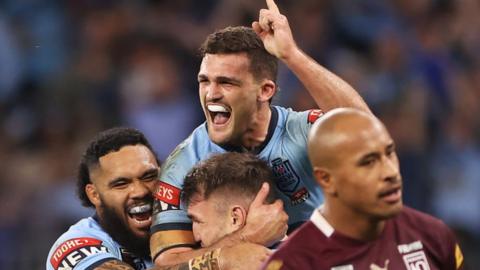 Siosifa Talakai, Nathan Cleary and Angus Crichton celebrate a New South Wales try in game two of the 2022 State of Origin