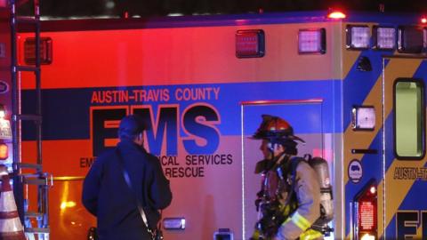 Police at the scene where a bombing suspect was killed in Round Rock, Texas, 21 March 2018