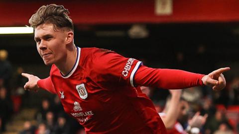 Crewe Alexandra's Connor O'Riordan celebrates after scoring against Doncaster Rovers