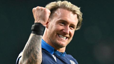 Scotland full-back Stuart Hogg celebrates a Six Nations victory