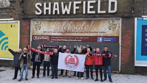 Clyde FC Supporters Glasgow Branch members at Shawfield Stadium