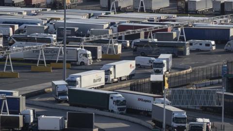 Lorries arrive and depart from Dover Ferry Terminal