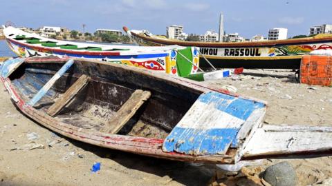 A tradtionial West African wooden fishermen's boat in Dakar, Senegal on July 2, 2015.