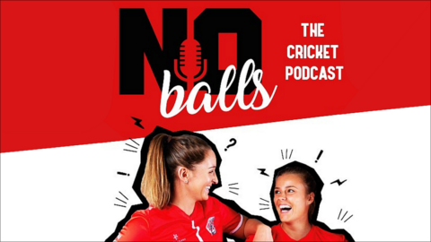 No Balls cricket podcast logo with picture of Kate Cross and Alex Hartley