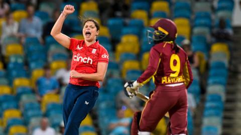 Alice Davidson-Richards celebrating a wicket v West Indies