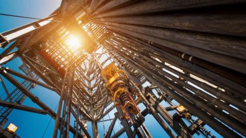 An oil drilling rig operation on an oil platform