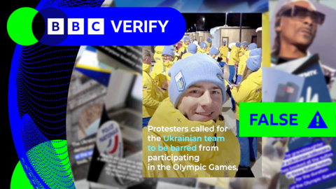A screengrab from a fake news report with a picture of Ukrainian Winter Olympics athletes. The false text on the screen says "Protesters called for the Ukrainian team to be barred from participating in the Olympic games" 