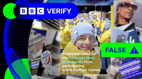 A screengrab from a fake news report with a picture of Ukrainian Winter Olympics athletes. The false text on the screen says "Protesters called for the Ukrainian team to be barred from participating in the Olympic games" 