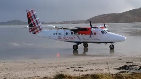 Loganair plane at Barra Airport