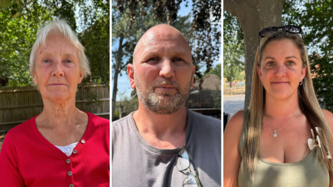 A compilation image of three people. There are two women. One is young, the other older. A bald man with a beard, wearing a grey t-shirt is between them. 
