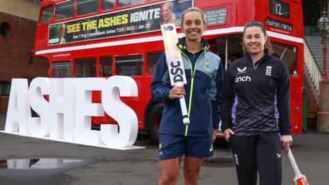 Ash Gardner and Tammy Beaumont at a pre-Ashes event