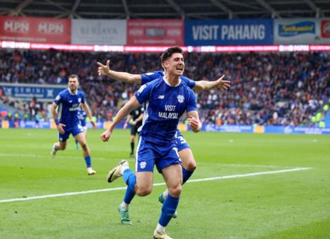 Cardiff player Callum O'Dowda celebrates after scoring against Ipswich Town