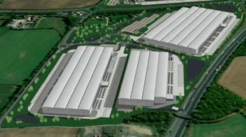 A generated image of three large white warehouse buildings, among landscaping, in between two roads.