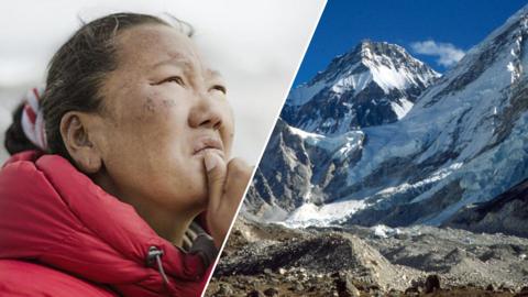 A woman outside wearing a red puffer coat with her hand on her chin looking up. An image of Mount Everest.