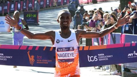 Abdi Nageeye of the Netherlands crosses the finish line to win the men's race at the New York City Marathon