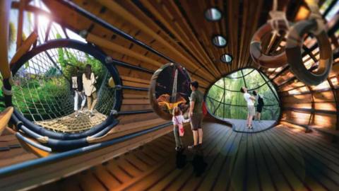 Artist's impression of families looking at the eco attraction. It features a wooden hut with viewing platforms and big open rope bridge walkways that couples are walking across.