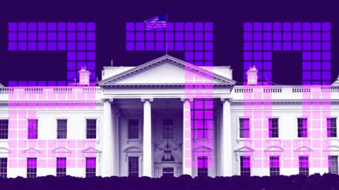 Graphical depiction of White House with number 270 imprinted over the top of it. It is shades of purple, and made up of lots of squares.