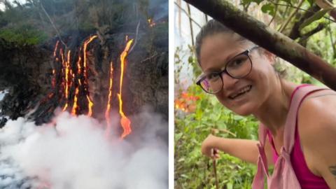 Composite image showing on the left lava from volcano flowing in the ocean and woman wearing pink on the right