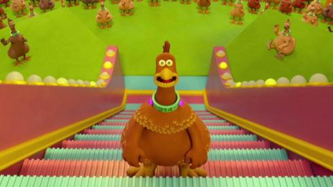 An animated chicken standing on pink and blue stairs