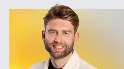 BBC Radio Solent Bournemouth commentator Jordan Clark against a yellow background