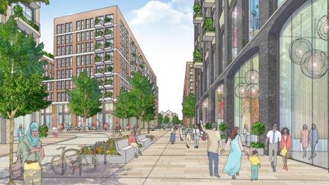 A computer generated image showing a busy town centre with high-rise buildings around a central square with benches and trees on it.