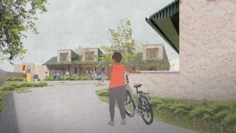 A computer generated image of a council development, with a line of terraced bungalows with large windows. A person is walking with a bicycle in the foreground.