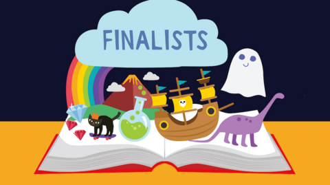 A graphic of an open book with things (eg: pirate boat, dinosaur, volcano, ghost, diamond) emerging from the pages. Text reads, FINALISTS.