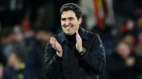 Bournemouth boss Andoni Iraola claps the fans at full-time after their 1-0 win over Everton