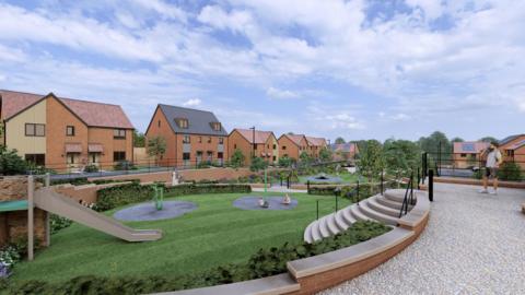 A computer generated impression of the New Park Village estate showing a green play area. 