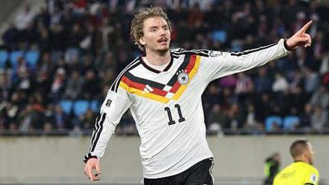 Newcastle striker Nick Woltemade celebrates scoring for Germany against Luxembourg